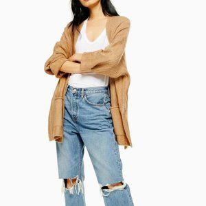 Topshop Long Open Front Soft Rib Knit Cardigan in Camel NWOT